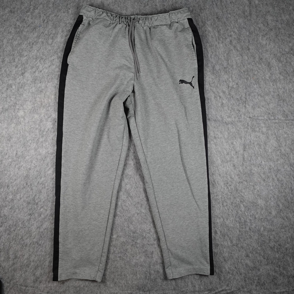Puma Pants Men Large Gray Black Side Stripe Drawstring Sweatpants Activewear